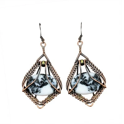 Valentines Deal Copper Natural White Buffalo Turquoise Dangle Drop Hook Earrings - Image 1 of 4