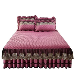 Brushed Lace Bedspread Queen Ruffle Bedskirt Qulited King Size Pillow Cover Blue - Picture 1 of 61