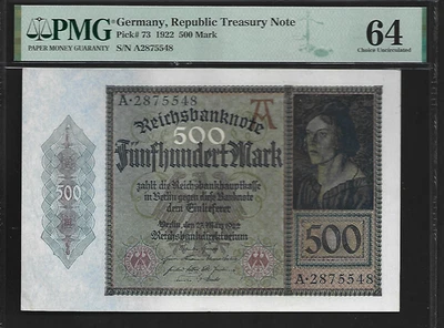 Germany 500 Mark 1922 PMG 64 UNC P#73 Series A Republic Treasury Note - Image 1 of 4