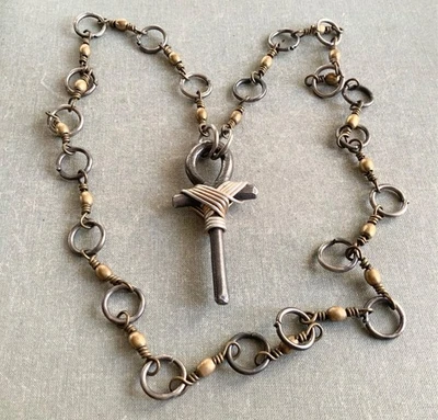 Superb BRUTALIST Wire Rapped Brass/Metal ANKH Cross Pendant Necklace 32” France - Image 1 of 4