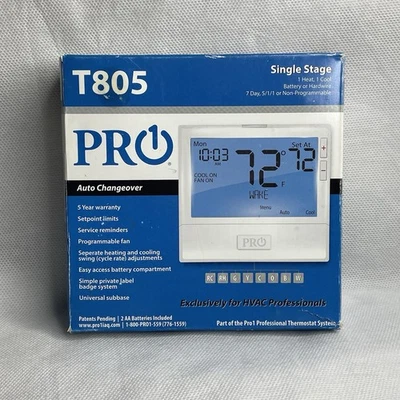 PRO1 IAQ T805 7 Day 5/1/1 Single Stage Progammable Electronic Thermostat White - Image 1 of 4