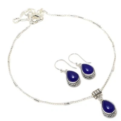 Juego de collar y pendientes hechos a mano enchapados en plata 925 de ónix azul de 18" Foto 1 de 3