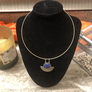 Contemporary Gold Tone Choker Necklace with Blue Oval Pendant - Picture 1 of 10