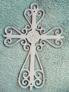 Cross Cast Iron Metal Religious Christian Jesus White Antiqued Rustic 13" Decor - Picture 1 of 4
