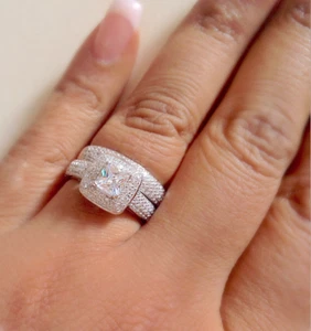 925 Silver Ladies 2 piece Wedding Engagement Cushion Cut Halo Bridal Ring Set ✅ - Picture 1 of 4