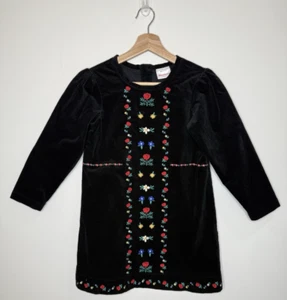 Hanna Andersson Dress 130 US 8 Black Sno Happy Velveteen Embroidered Floral - Picture 1 of 8