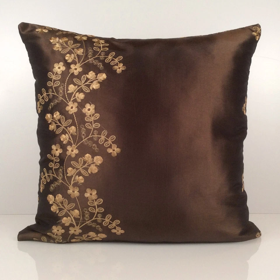 Chocolate Brown Decorative Throw Pillow Cover - Gold-ish Tan Floral Embroidery - Image 1 of 2