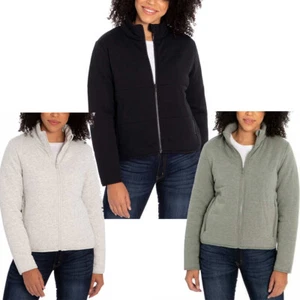 Three Dots Ladies' Quilted Fleece Mock Neck Jacket 3 Dot Coat Black Gray Green - Picture 1 of 11