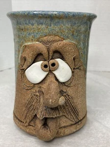 Ugly Face Stoneware Pottery Coffee Mug Signed K Cross-Eyed Wart on Nose 5" Tall - Picture 1 of 9