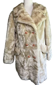 Faux Fur Vintage Long Coat Jacket Cream Ivory large Satin Lined Pink Buttons 42” - Picture 1 of 11