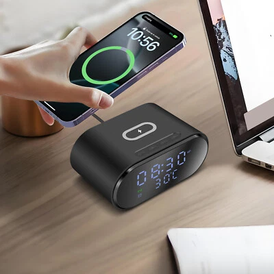 Wireless Charger Alarm Clock Thermometer Digital For iPhone 16 15 14 Samsung S25 - Image 1 of 4