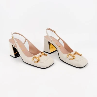 Gucci Baby Horsebit Slingback Pumps Size 39.5 US 9.5 White Block Heel Square Toe - Image 1 of 4