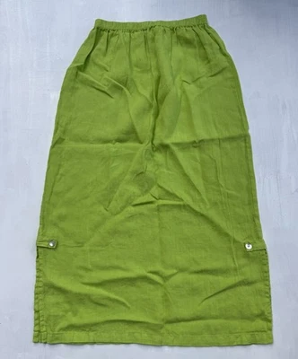 WILLOW Linen Maxi Skirt Lime green Elastic Waist Lagenlook Minimalist Large - Image 1 of 4
