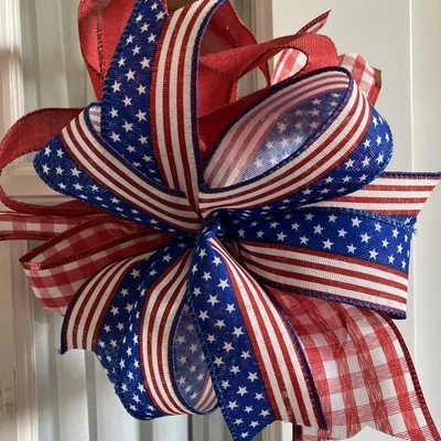 HANDMADE BOW - RED WHITE BLUE FLAG DESIGN PATRIOTIC STARS AND STRIPES - Image 1 of 4