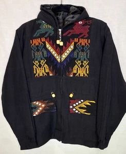Guatemalan Parka Jacket Black Mens Size Medium Guatemalan Mayan Western Coat - Picture 1 of 10