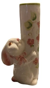 VTG 1980s FTDA Weiss Brazil Ceramic White Bunny Rabbit Vase With Pink Flowers - Picture 1 of 3