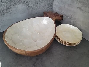 Wood Carved Pineapple Shell/Capiz Lined with Small Saucers - Picture 1 of 12