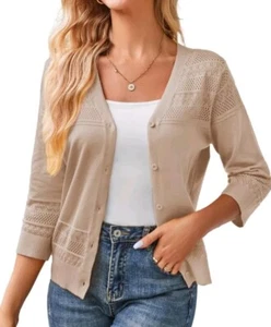 Women's Cropped Cardigan 3/4 Sleeve Lightweight Crochet Knit Sweater Top Large - Picture 1 of 14