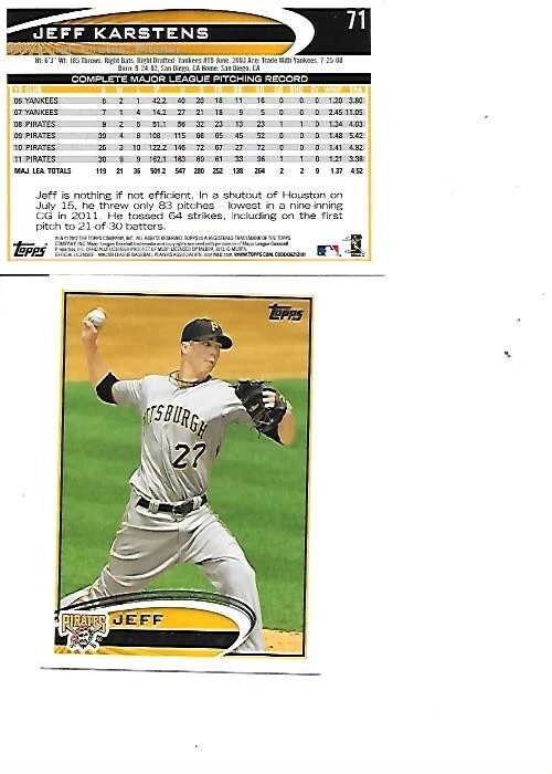 Jeff Karstens 2012 Topps Baseball Card #71 NM BOGO FREE Pittsburgh Pirates - Image 1 of 1