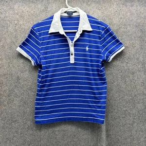 Vintage Ralph Lauren Polo Shirt Womens Large Blue White Stripes Golf Pony Snap - Picture 1 of 11