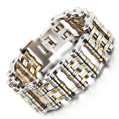 Brazalete de eslabones de cadena de acero inoxidable sólido pesado para motocicleta bicicleta plata/dorado para hombre Foto 1 de 4