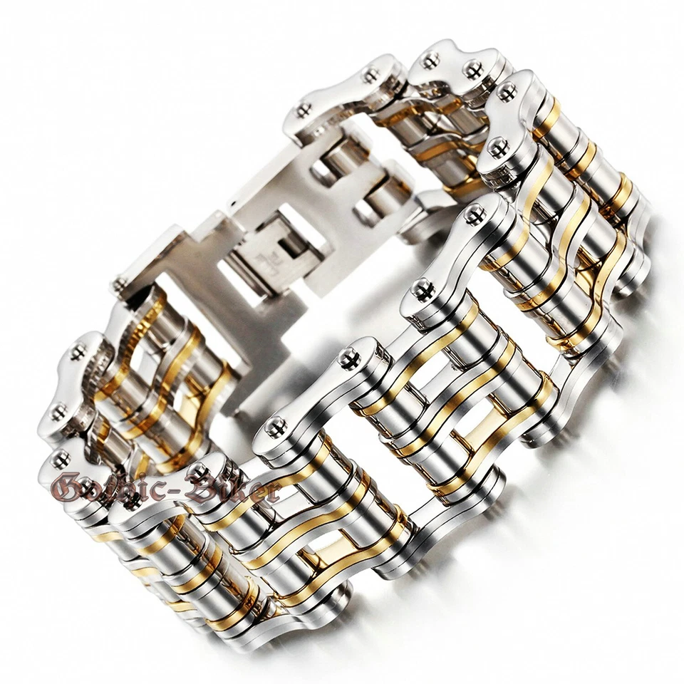Brazalete de eslabones de cadena de acero inoxidable sólido pesado para motocicleta bicicleta plata/dorado para hombre Foto 1 de 4