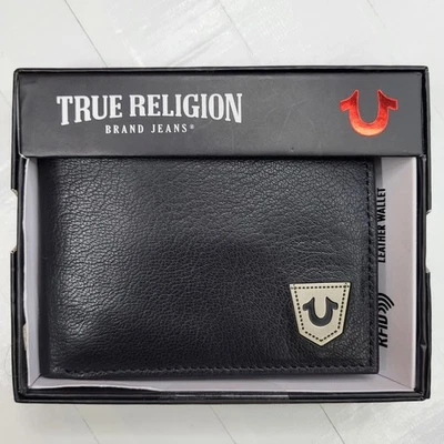 True Religion Leather Bifold Wallet Men's New with Giftbox Silver Sheild Logo - Image 1 of 4