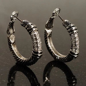 Rhodium Plated Twisted Crystal Hoop Earrings (25mm Diameter) - Picture 1 of 4
