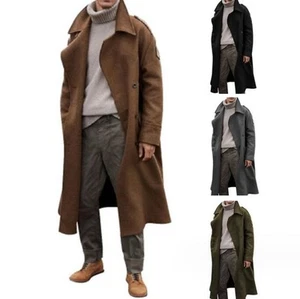 New Men's Long Woolen Jacket Lapel Over the knee Coat Casual Outwear windbreak - Picture 1 of 20