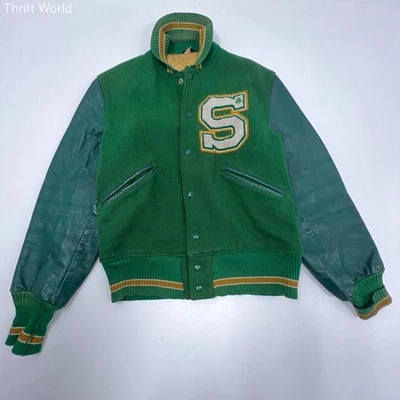 Chaqueta Letterman Universitaria Vintage Años 70 Butwin Verde Lana Cuero Para Hombre Talla 38 Foto 1 de 4