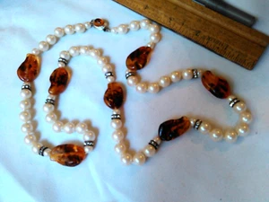 Vintage Amber Glass Faux Pearl Rhinestone Beaded Necklace 28" total hand knots - Picture 1 of 3