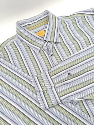 🇺🇲 Camisa Oculta con Botones Robert Talbott Para Hombres XL 17.5x35 Azul Verde Rayas  Foto 1 de 4