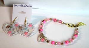 Emerald Empire Handmade Resin Bead Gold Tone Bracelet Earring Set flower Pink - Picture 1 of 2
