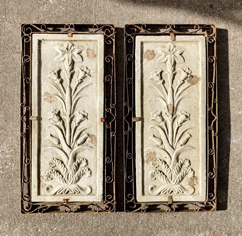Pair of Large Antique Glazed Terra Cotta Architectural Tiles Lilies Victorian Cover
