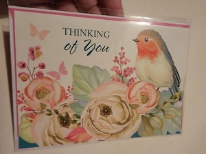 Thinking Of You Greeting Card NIP Bird Finch Floral Flowers - Picture 1 of 2