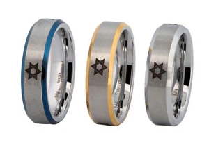 Anillo Estrella de David Carburo de Tungsteno Blanco Azul, Bordes Pulidos Dorado Ajuste Cómodo - Imagen 1 de 9