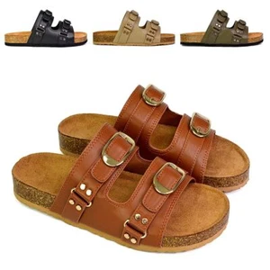 Womens Flat Slip On Buckle Straps Slider Ladies Cork Footbed Mule Sandals - Picture 1 of 45