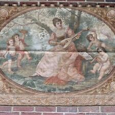 Antique Canvas Tapestry CHERUBS Angel Painted  Aubusson Vintage Painting Hanging