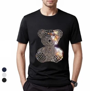 New Fashion Diamond Rhinestones Bear Luxury Men T-Shirt High Quality - Picture 1 of 15