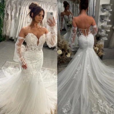 Vestidos de novia de sirena con mangas desmontables tren de barrido sin espalda vestido de novia Foto 1 de 4