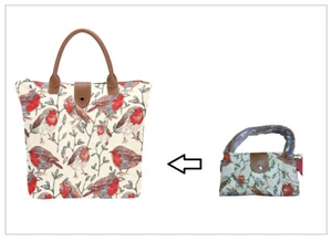 Signare Robin Bird Tapestry Foldable Folding Tote Shopping Shopper Bag Cream Fun - Picture 1 of 11