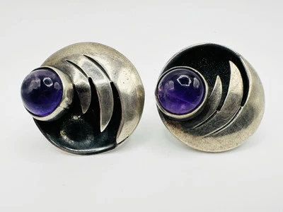 Hermosos Gemelos Modernistas TAXCO Amatista Esterlina México Años 50 Foto 1 de 4