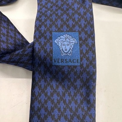 Versace Silk Houndstooth Medusa Logo Necktie Blue Black Made in Italy Classic - Image 1 of 4