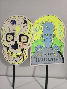 Vintage 1990s KMart Neon Frankenstein Skull Plastic Halloween Yard Signs - Picture 1 of 11