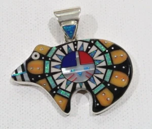 Galaxy microinlay bear pendant w kachina inlay w spiny oyster, opal SM sterling - Picture 1 of 9