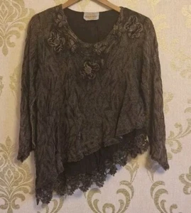 Ladies Boho Hippy Dark Brown Floral Applique Top Size XL By Macrame Shoulder Pad - Picture 1 of 6