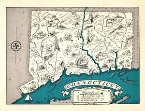 1930s Antique CONNECTICUT State Map RARE Animated Picture Map BLU #1945 - Picture 1 of 4