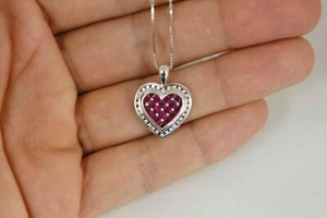 2Ct Princess Cut Red Ruby Diamond Heart Pendant 14K White Gold Finish 18" Chain - Picture 1 of 4