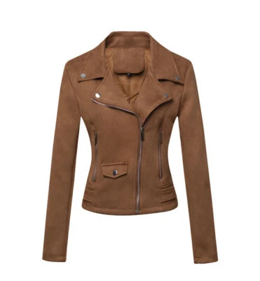 New Women Motorcycle Coat Leather Jacket Short Slim Suede Outwear Female Top - Image 1 of 4