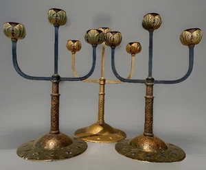 Jugendstil Bronze Candelabra Trio Tulip Vienna Secession Art Nouveau Antique - Picture 1 of 24